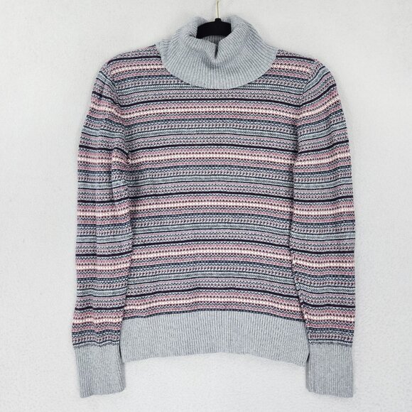 LL Bean Sweater Womens XS Petite Gray Striped Turtleneck Cotton Cashmere Blend - Picture 1 of 10